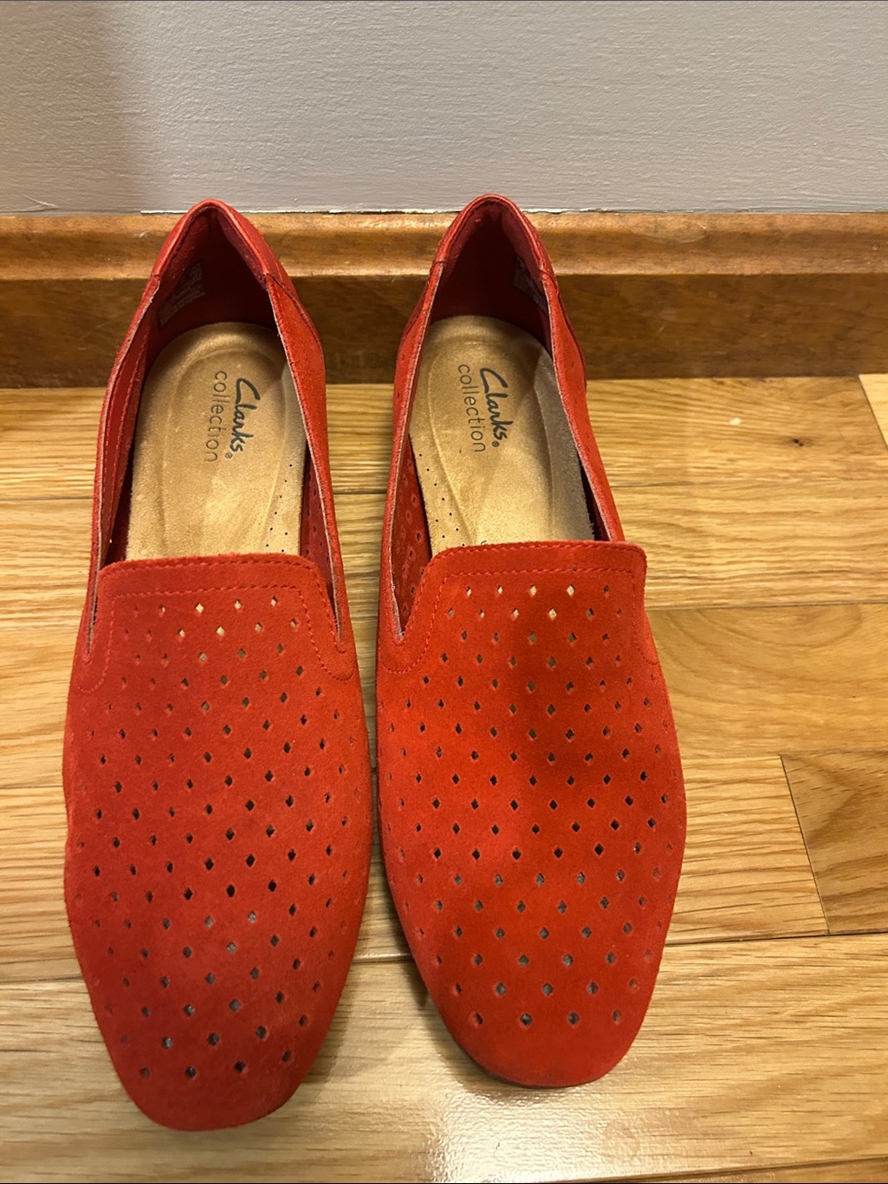 Clarks Women’s Red Suede Perforated Slip-On Loafers